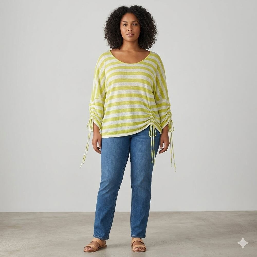 Coldwater Creek Chartreus White Stripe 100% Linen 3/4‎ Sleeve Top Women's 1